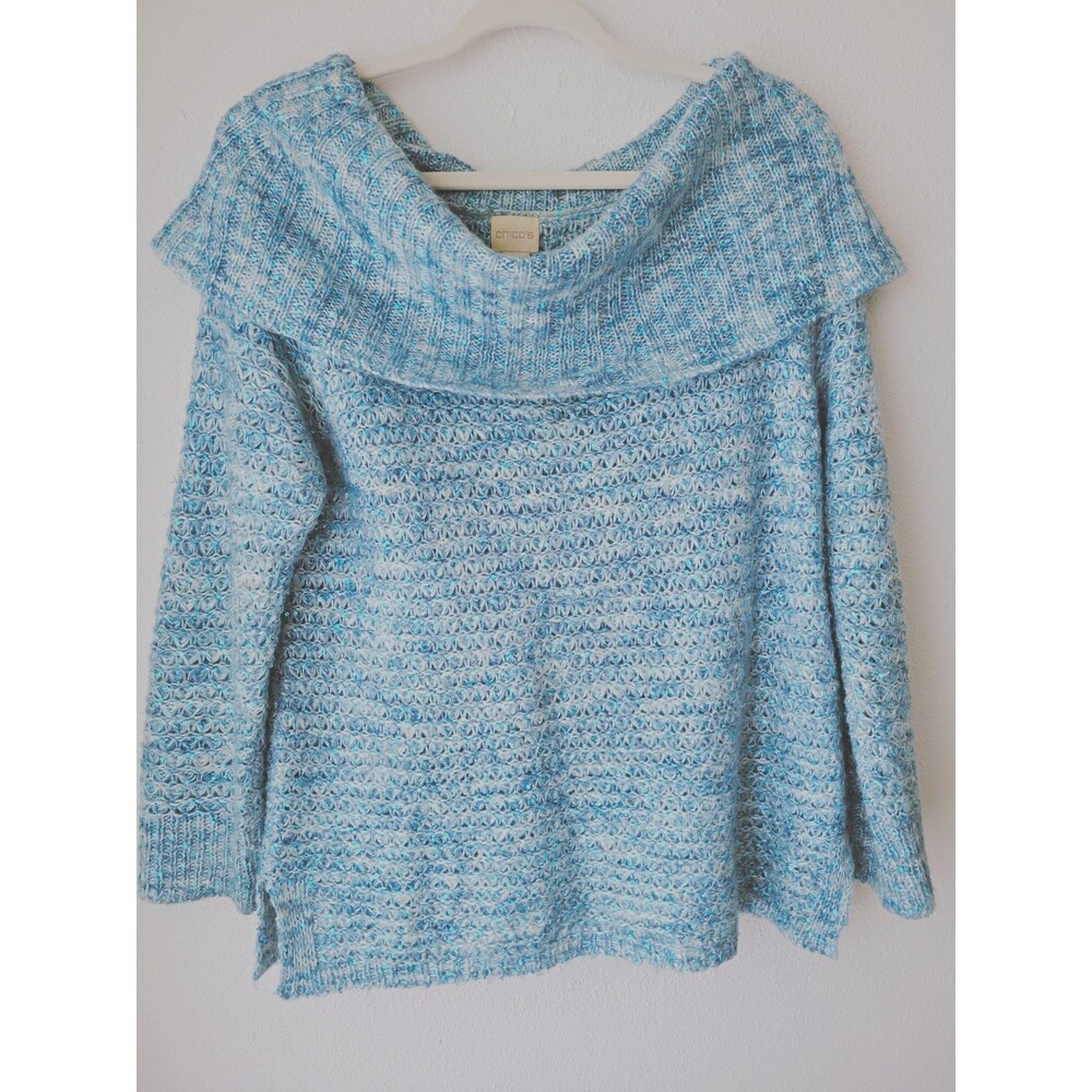 Chico's Blue Sequin Knit Cowl Neck Sweater Women's Size 1 Open Knit Mohair Blend